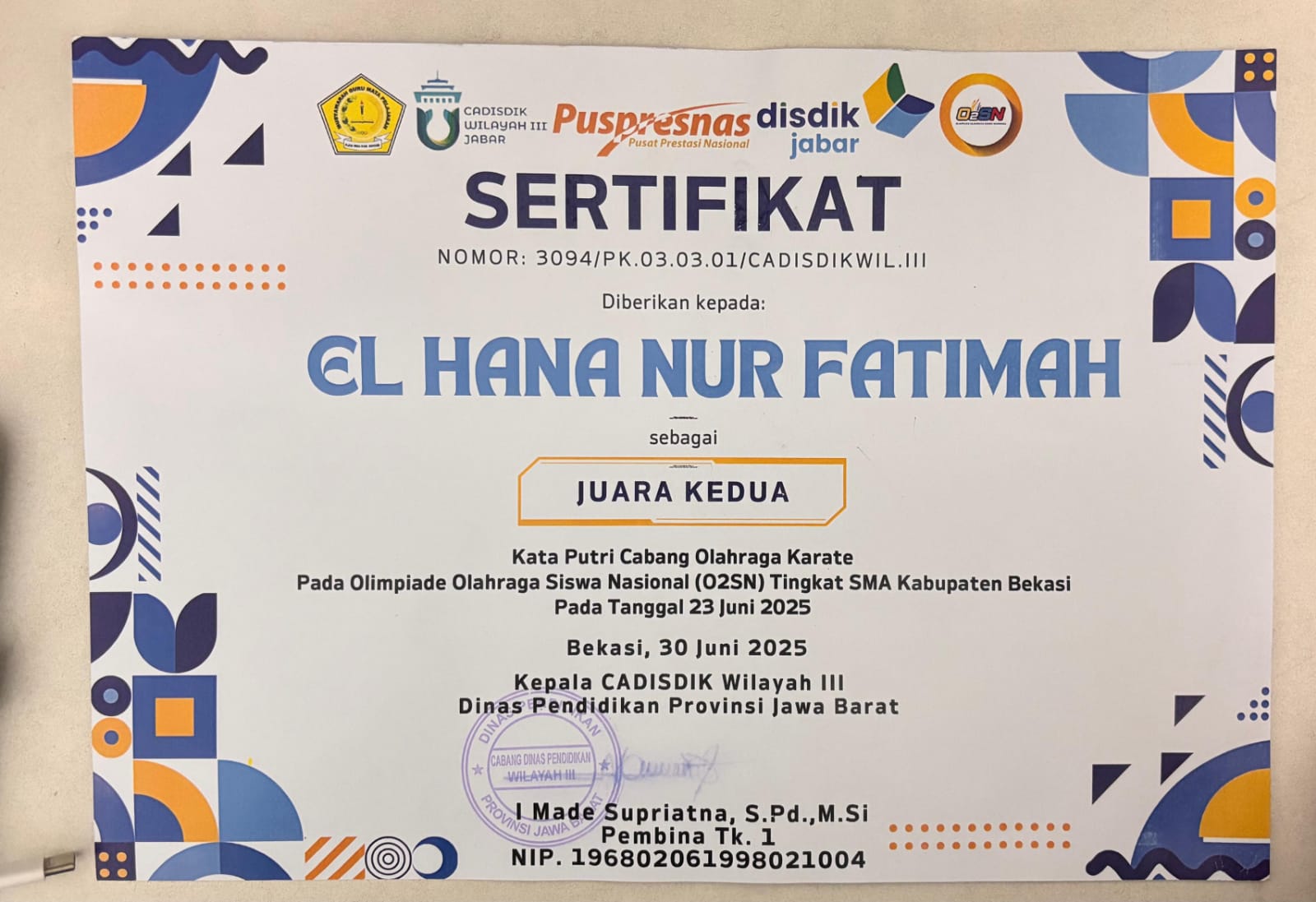 JUARA 2 O2SN KARATE SMA KAB BEKASI
